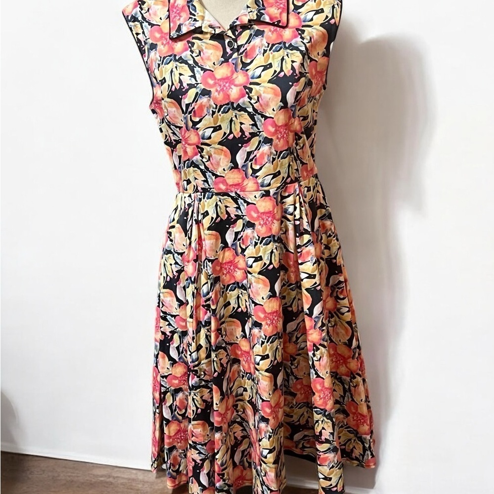 Pink and Orange A-Line Midi Dress with Notched Collar Size 10 - Picture 1 of 5